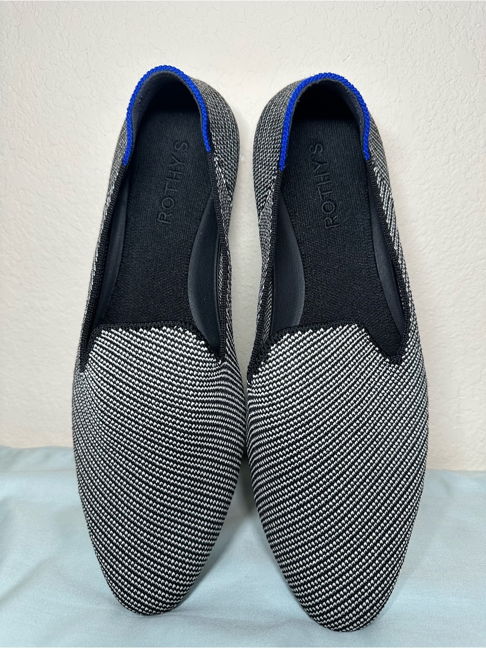 Rothy's Black & White Knit Slip-On Loafers with Blue Trim